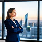 A professional female business executive, mid-40s, dressed in a modest navy blue business suit, standing in a sleek, modern office. She is looking confidently at a large, transparent digital screen displaying a complex strategic roadmap and growth projections. The office has large windows overlooking a vibrant city skyline at dawn, symbolizing new opportunities. Natural pose, perfect anatomy, correct proportions, well-formed hands, proper finger count, natural body proportions. Professional photography, high-resolution, sharp focus, cinematic lighting, ultra-detailed, safe for work, appropriate content, fully clothed, professional dress.