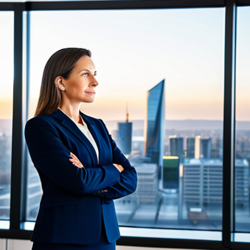 Home 4 A professional female business executive, mid-40s, dressed in a modest navy blue business suit, standing in a sleek, modern office. She is looking confidently at a large, transparent digital screen displaying a complex strategic roadmap and growth projections. The office has large windows overlooking a vibrant city skyline at dawn, symbolizing new opportunities. Natural pose, perfect anatomy, correct proportions, well-formed hands, proper finger count, natural body proportions. Professional photography, high-resolution, sharp focus, cinematic lighting, ultra-detailed, safe for work, appropriate content, fully clothed, professional dress.