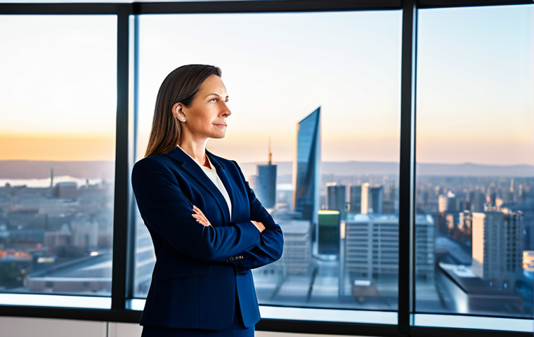 A professional female business executive, mid-40s, dressed in a modest navy blue business suit, standing in a sleek, modern office. She is looking confidently at a large, transparent digital screen displaying a complex strategic roadmap and growth projections. The office has large windows overlooking a vibrant city skyline at dawn, symbolizing new opportunities. Natural pose, perfect anatomy, correct proportions, well-formed hands, proper finger count, natural body proportions. Professional photography, high-resolution, sharp focus, cinematic lighting, ultra-detailed, safe for work, appropriate content, fully clothed, professional dress.