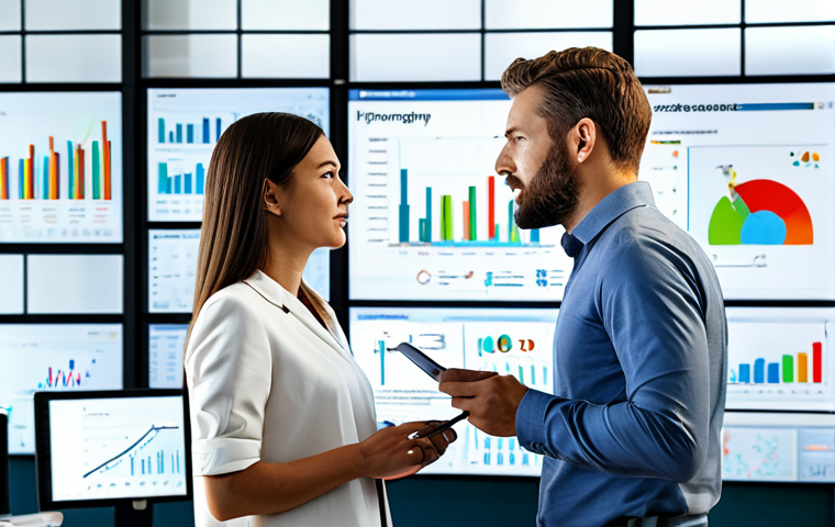 Market Analysis**

"A brightly lit, modern co-working space. Two colleagues, a man and a woman, are collaborating on a large digital display showing graphs, charts, and competitor logos. They are both dressed in business casual attire, fully clothed, and engaged in a focused discussion. The scene conveys data analysis and strategic planning. Safe for work, professional environment, appropriate content, perfect anatomy, natural proportions."

**