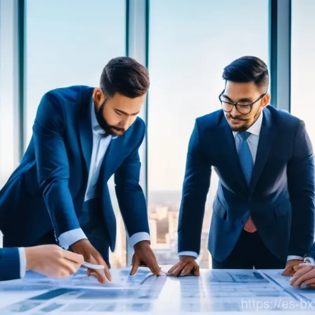 비즈니스 출구 전략에 대한 전문가 인터뷰 - **Prompt:** A vibrant, futuristic cityscape under construction at sunrise. In the foreground, a dive...