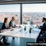 Home 21 비즈니스 출구 전략의 기업 평판 관리 - A professional business meeting scene in a modern Spanish office, showing diverse executives and sta...
