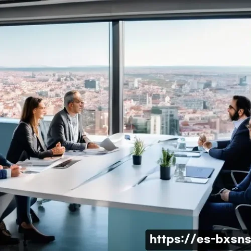 Home 33 비즈니스 출구 전략의 기업 평판 관리 - A professional business meeting scene in a modern Spanish office, showing diverse executives and sta...
