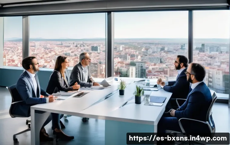 비즈니스 출구 전략의 기업 평판 관리 - A professional business meeting scene in a modern Spanish office, showing diverse executives and sta...