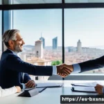 Home 20 비즈니스 매각과 인수 합병의 차이점 - A professional business negotiation scene in a modern Spanish office, showing a diverse group of exe...