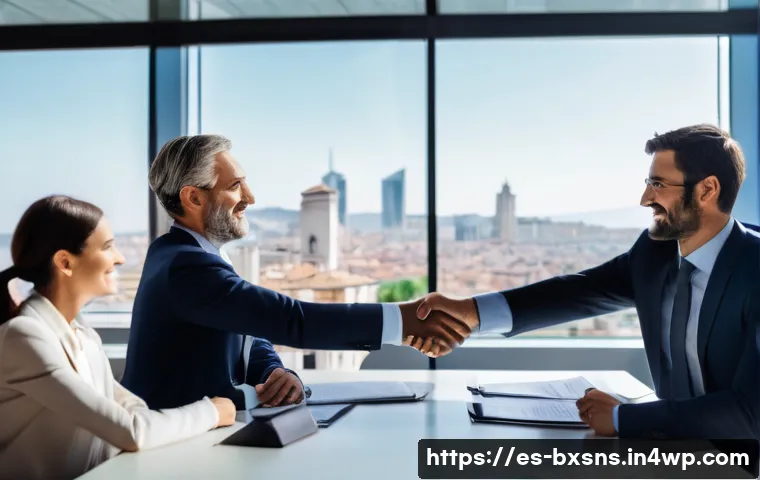 비즈니스 매각과 인수 합병의 차이점 - A professional business negotiation scene in a modern Spanish office, showing a diverse group of exe...
