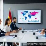 Home 19 출구 전략 설계 시 고려해야 할 요소들 - A professional business meeting scene set in a modern Spanish office, featuring diverse entrepreneur...