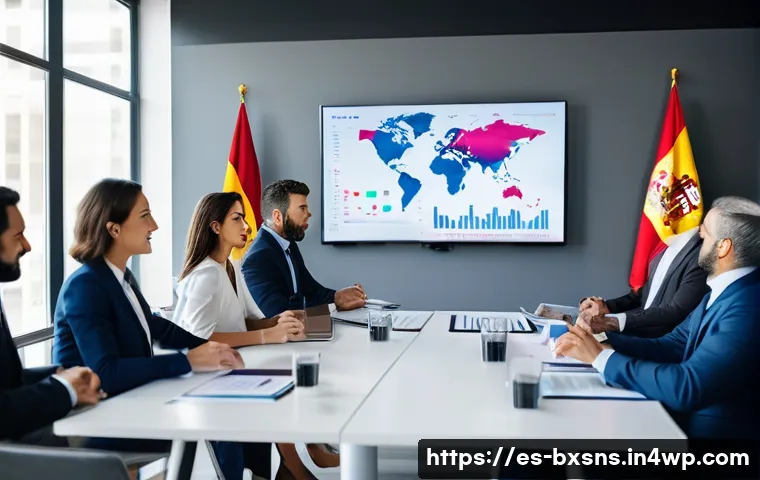 출구 전략 설계 시 고려해야 할 요소들 - A professional business meeting scene set in a modern Spanish office, featuring diverse entrepreneur...