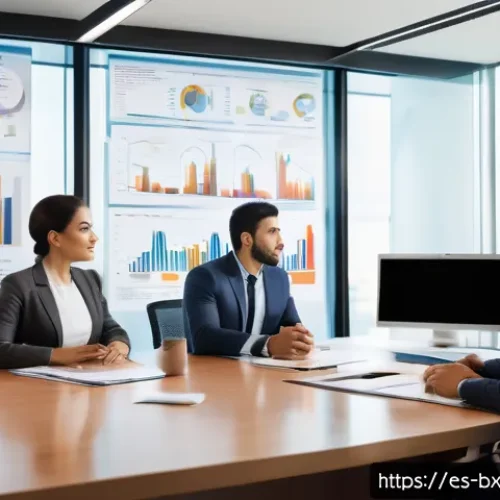 Home 30 비즈니스 출구 전략의 성과 측정 지표 - A modern corporate office scene showing a diverse team of Hispanic professionals in business casual ...