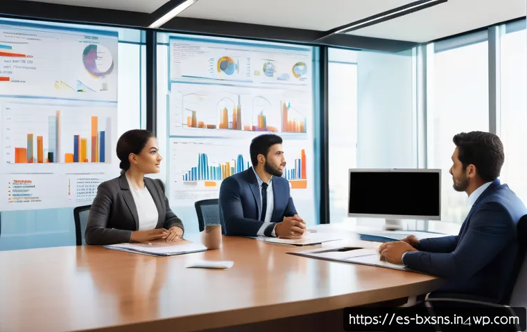 비즈니스 출구 전략의 성과 측정 지표 - A modern corporate office scene showing a diverse team of Hispanic professionals in business casual ...
